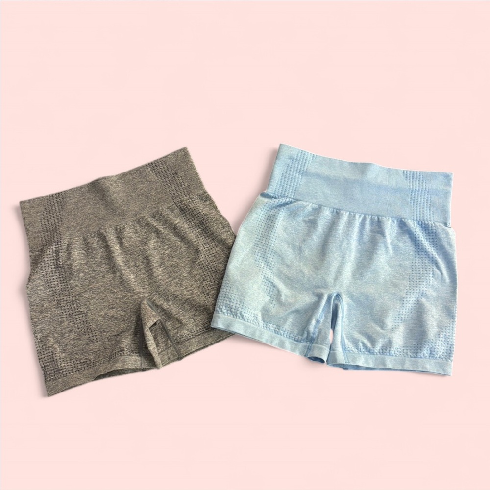 Gray and Light Blue High-Waisted Seamless Gym Shorts